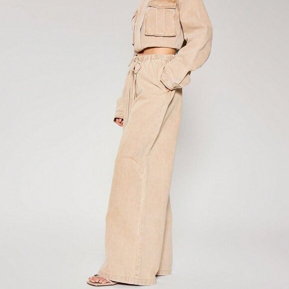 Khaki Casual Women's Tie Waist Wide Leg Washed Denim Trousers pants - Picture 5 of 6